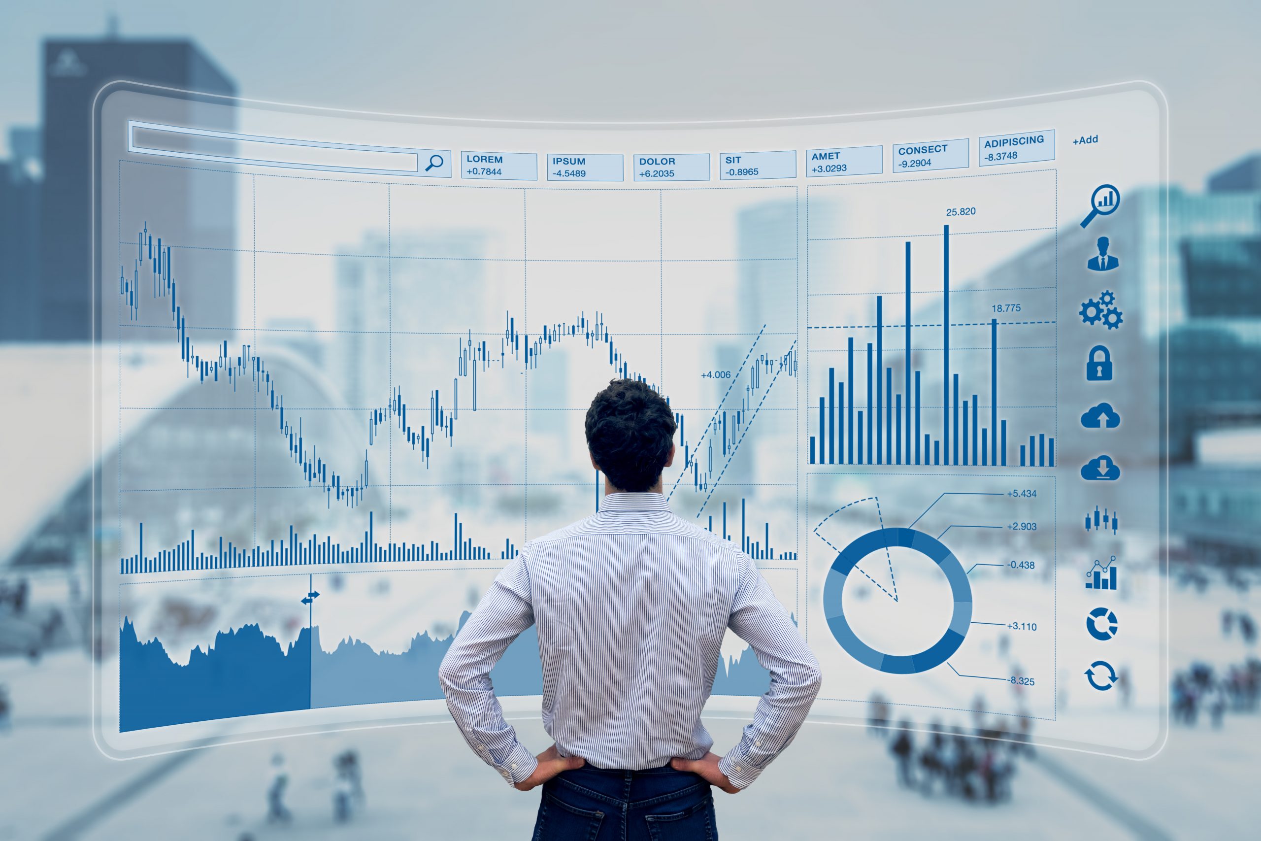 Finance trade manager analysing stock market indicators for best investment strategy, financial data and charts with business buildings in background